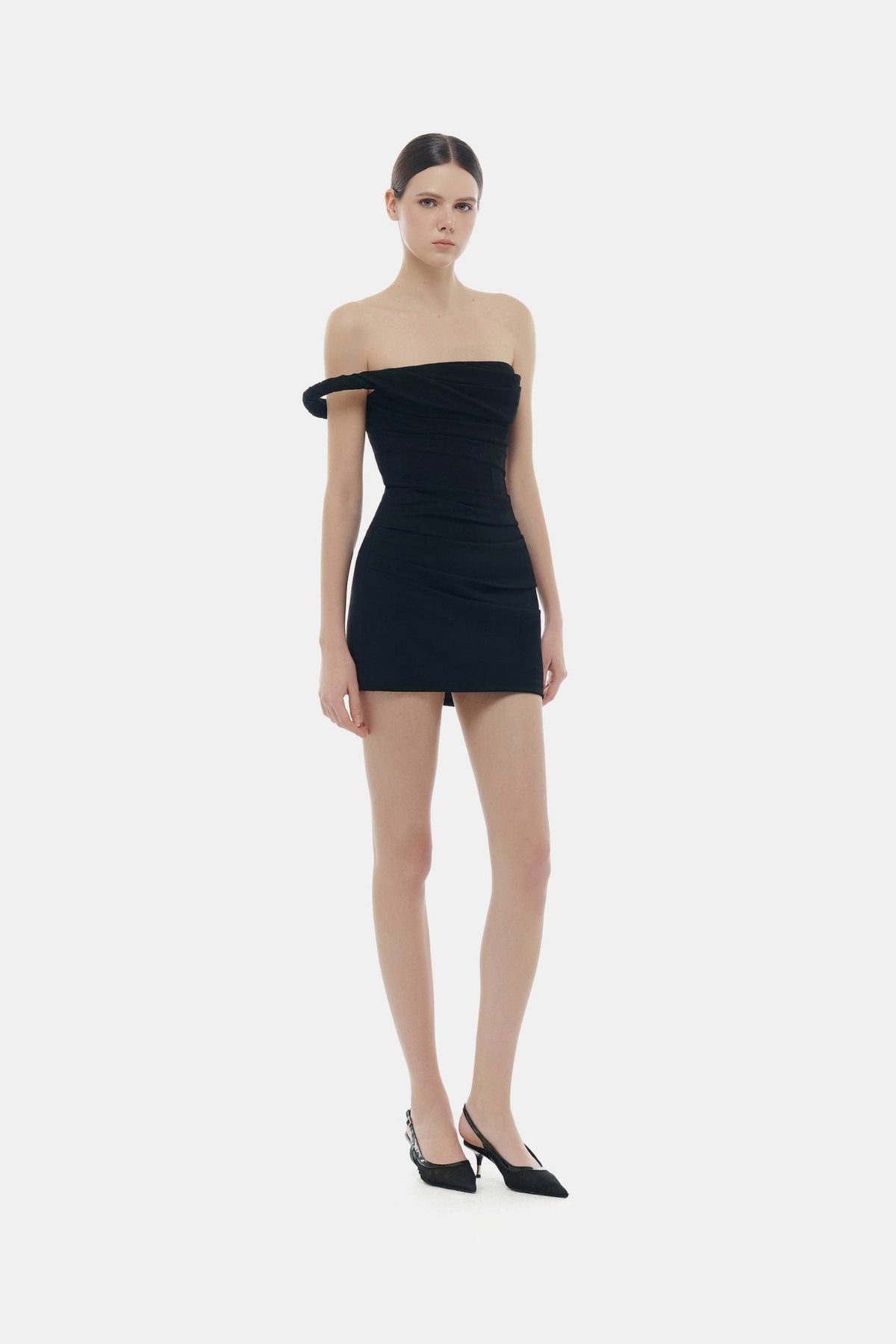 Black One-off Shoulder Draped Mini Dress by Montsand