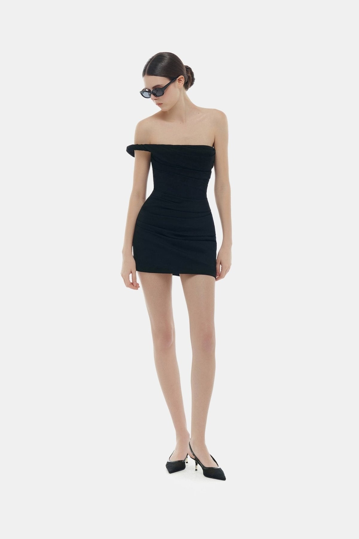 Black One-off Shoulder Draped Mini Dress by Montsand