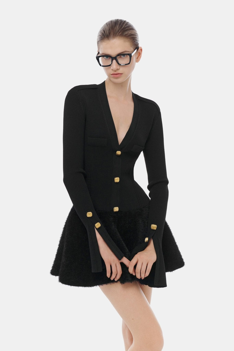 Black Ribbed Flared Mini Dress