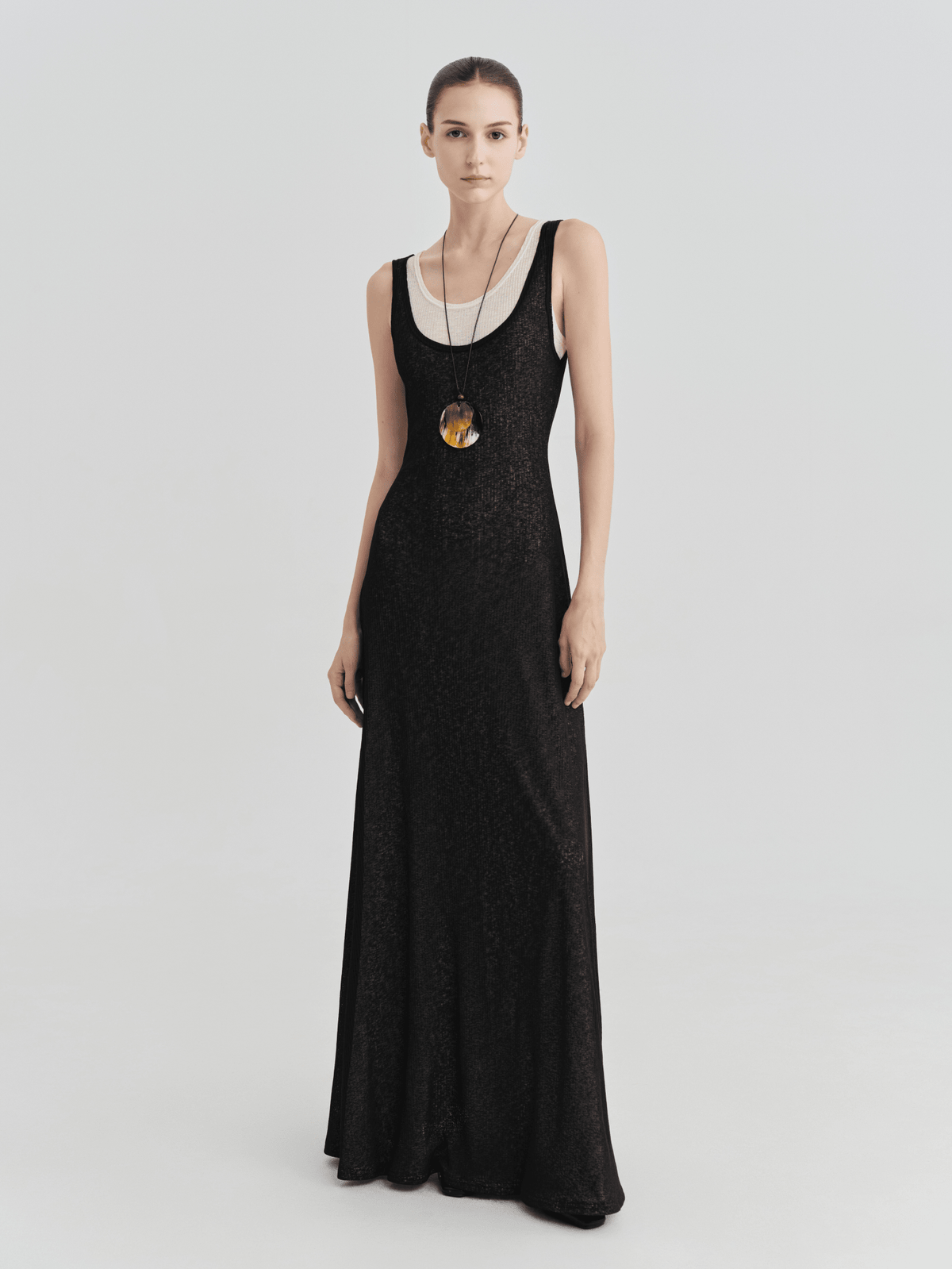 Black Ribbed Layered Tank Maxi Dress by COCOSIN