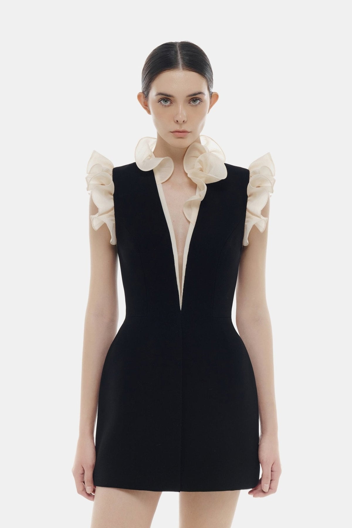 Black Ruffle Vneck Mini Dress by Montsand