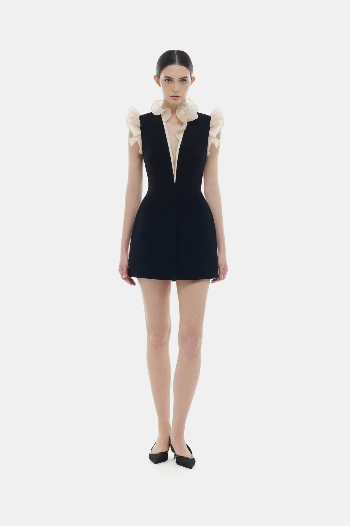 Black Ruffle Vneck Mini Dress by Montsand
