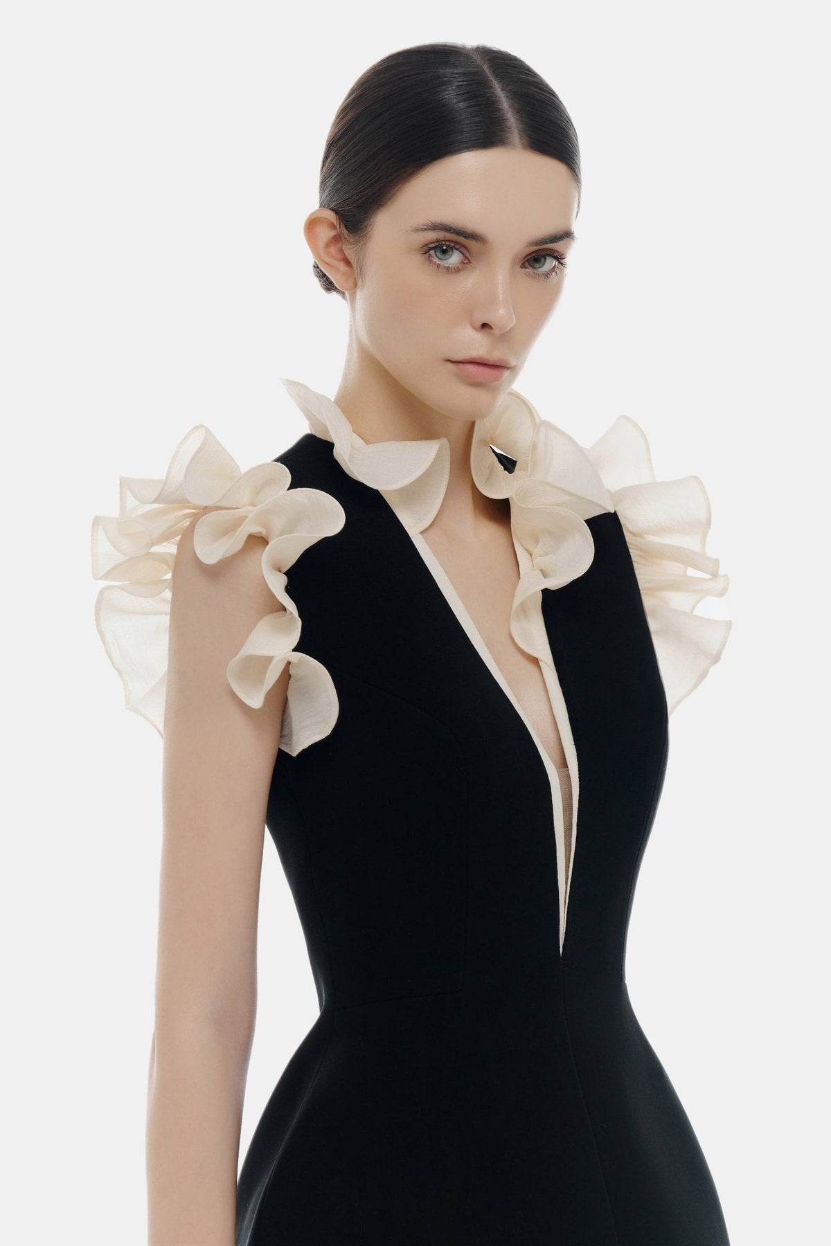 Black Ruffle Vneck Mini Dress by Montsand