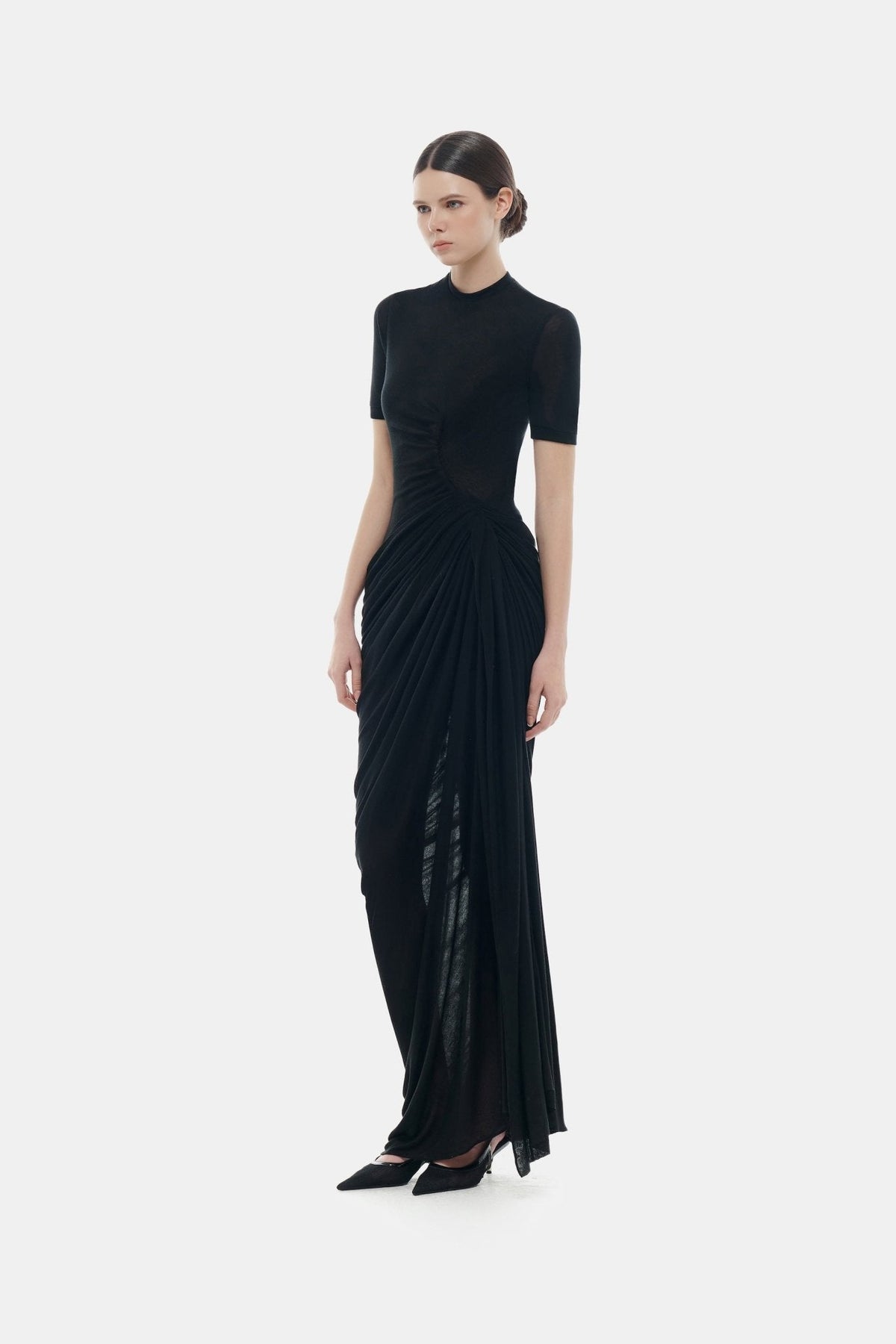 Black Short-sleeves Ruched Maxi Dress by Montsand
