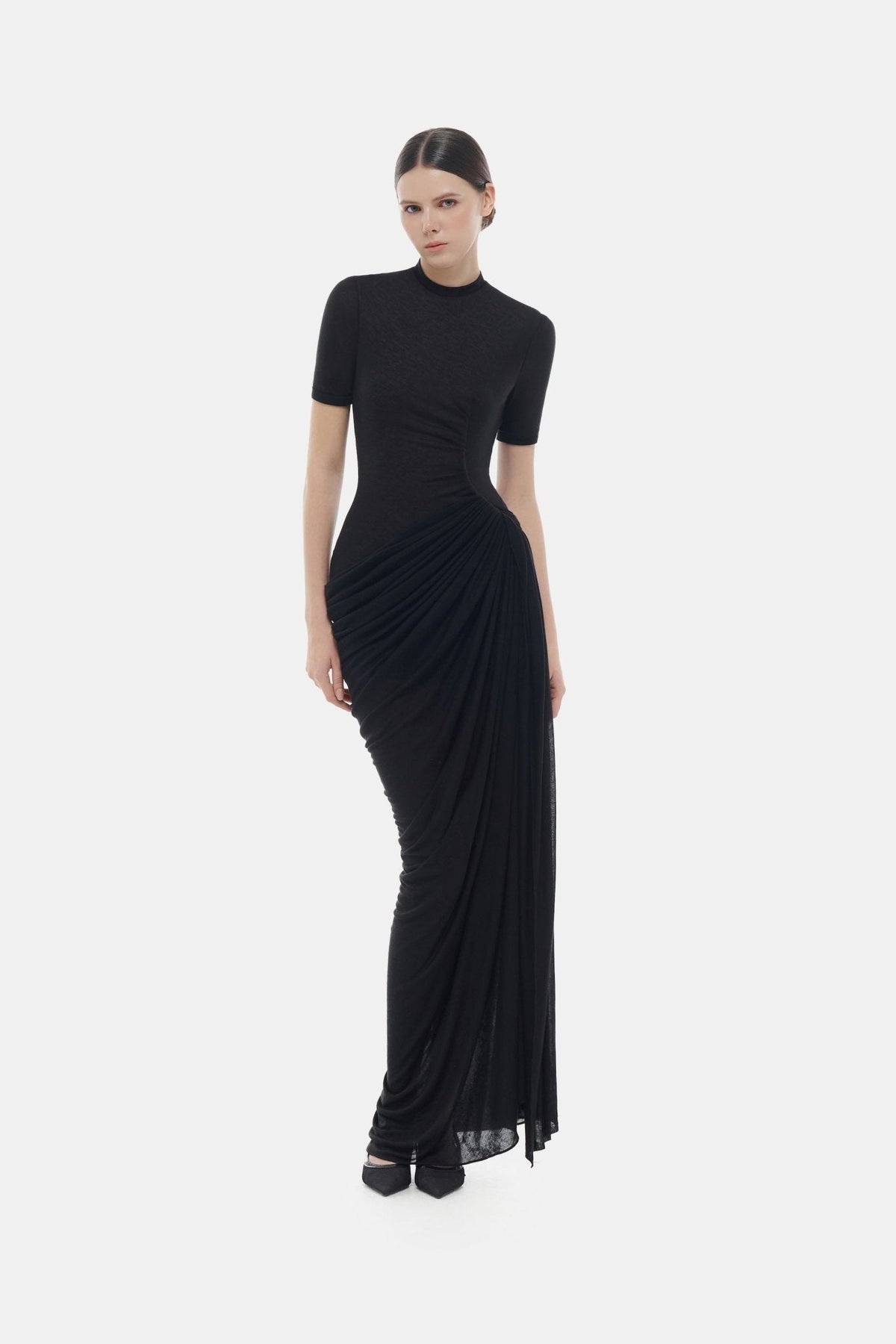 Black Short-sleeves Ruched Maxi Dress by Montsand