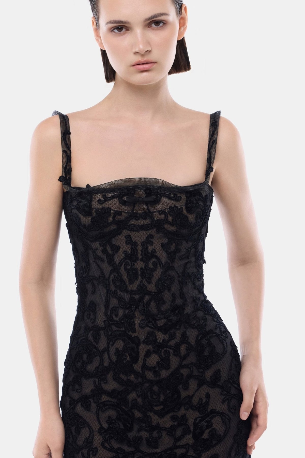 Black Straight Neckline Bodice Mini Dress by Montsand