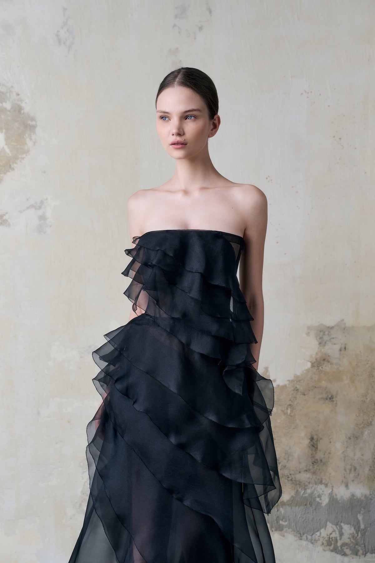 Black Tiered Strapless Dress by Montsand