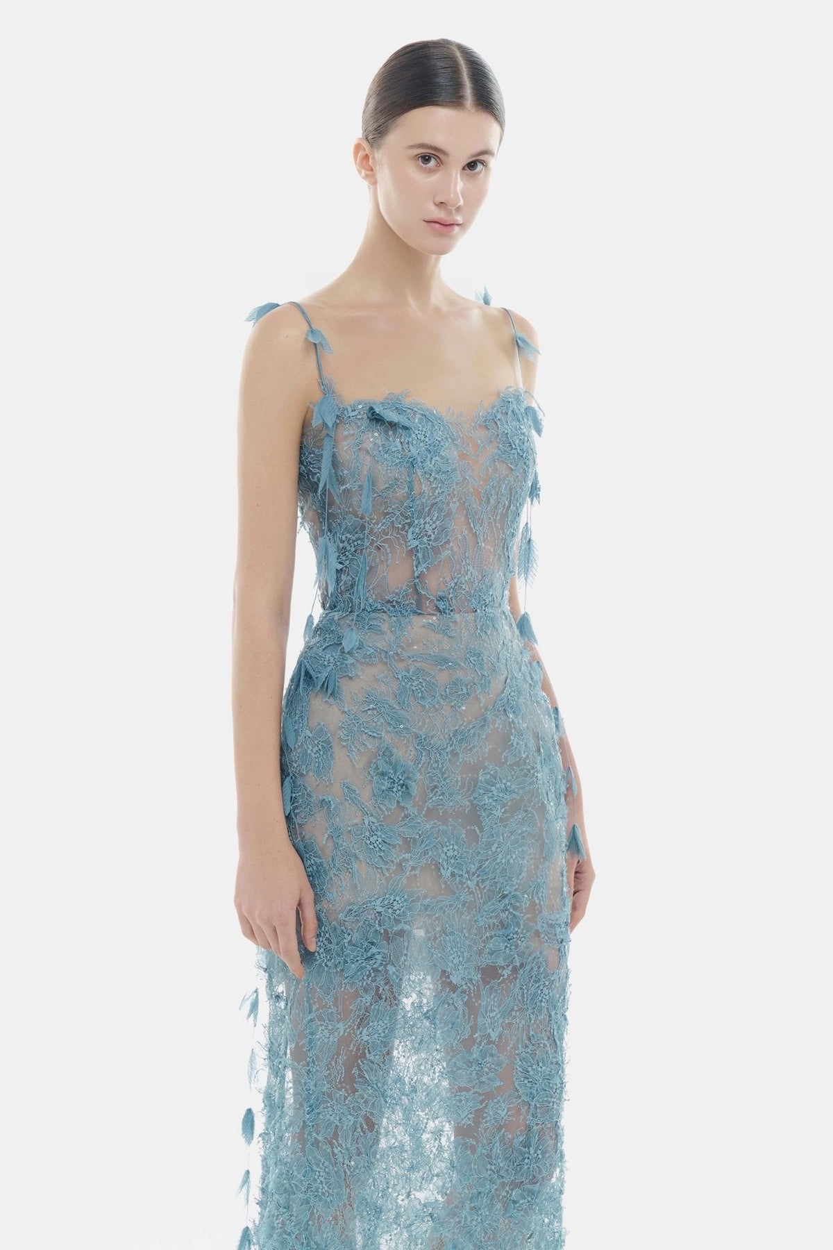 Blue Beaded Lace Pencil Dress by Montsand