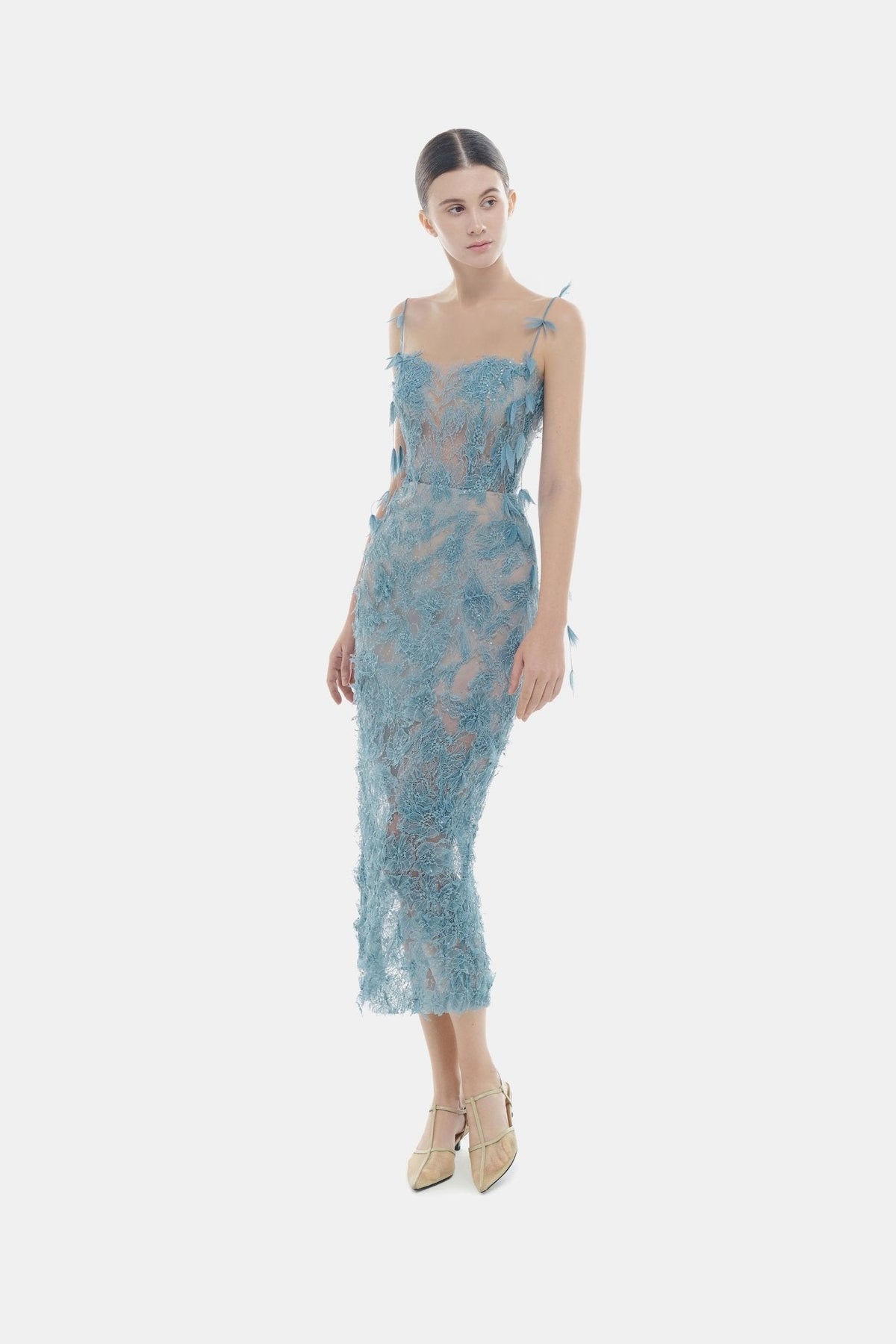 Blue Beaded Lace Pencil Dress by Montsand