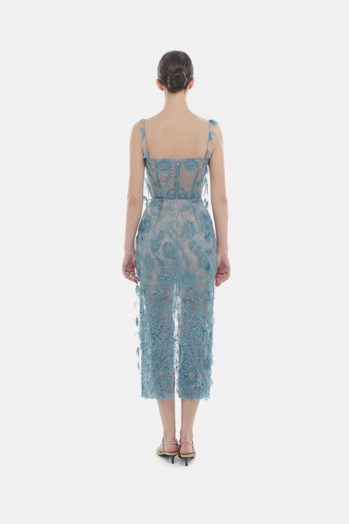 Blue Beaded Lace Pencil Dress by Montsand