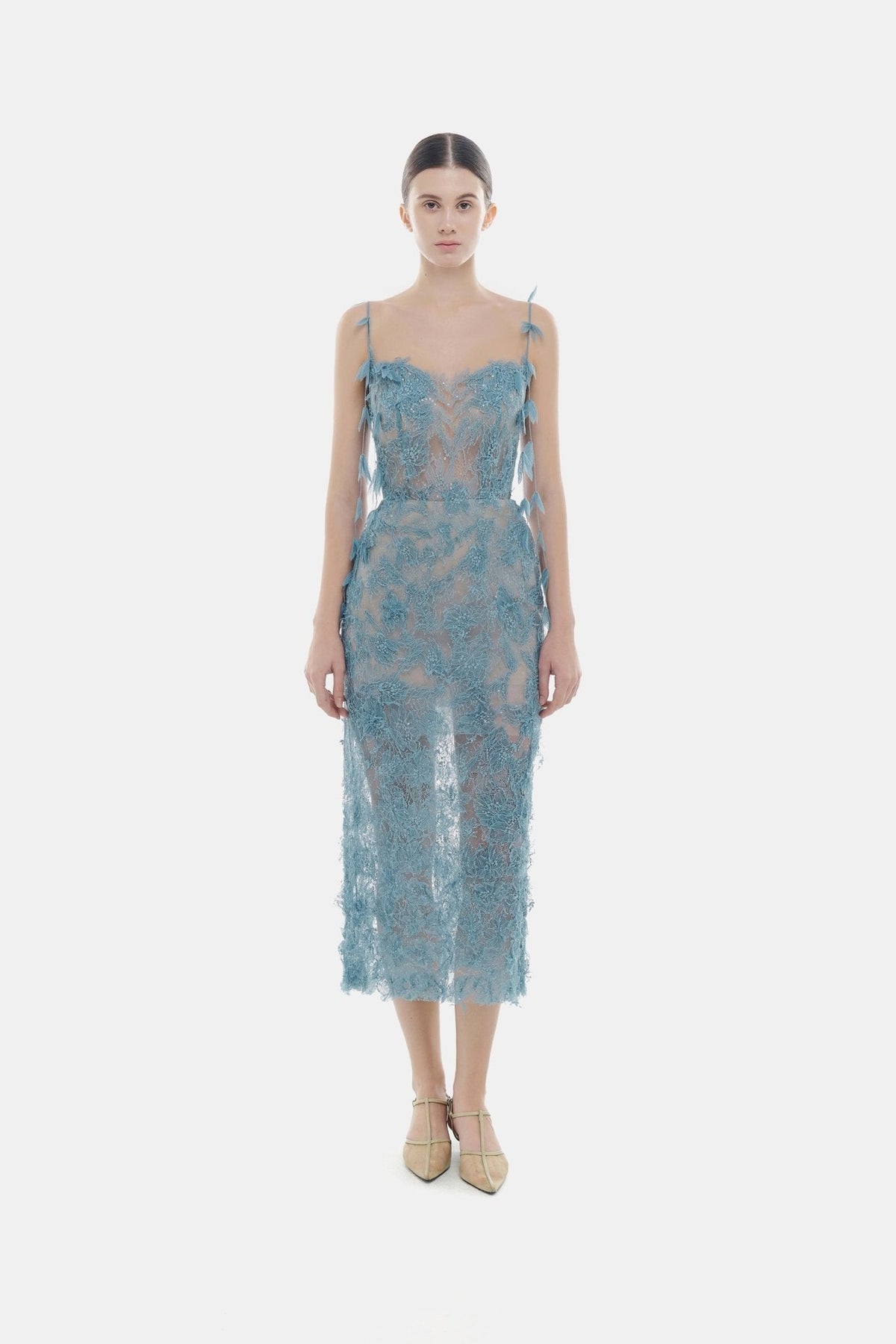 Blue Beaded Lace Pencil Dress by Montsand