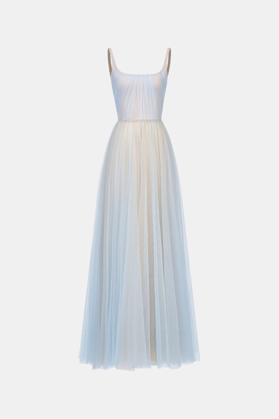 Blue Draped Tulle Maxi Dress
