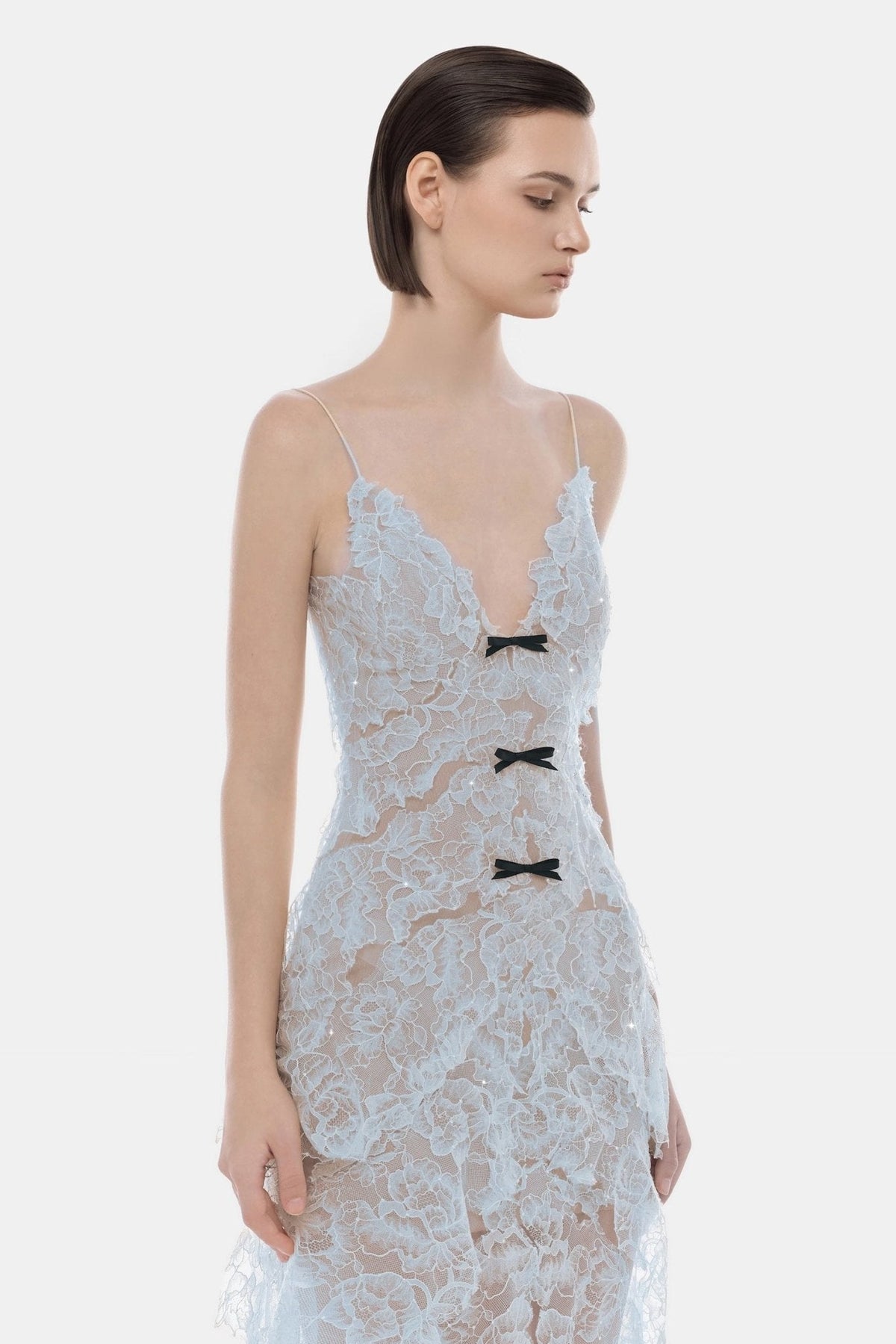 Blue Floral Bow Vneck Mini Dress by Montsand