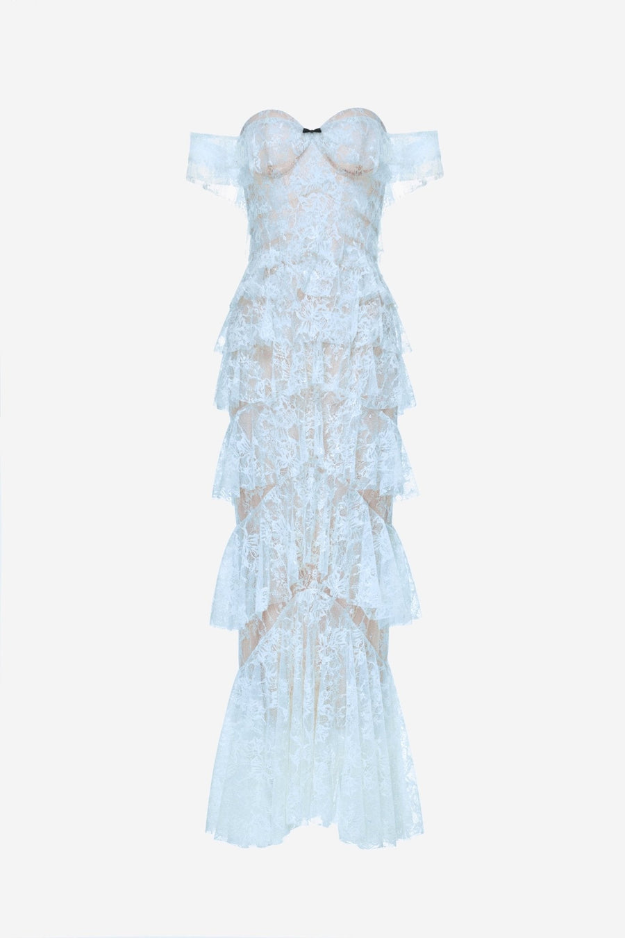 Blue Lace Ruffle Strap Off Maxi Dress