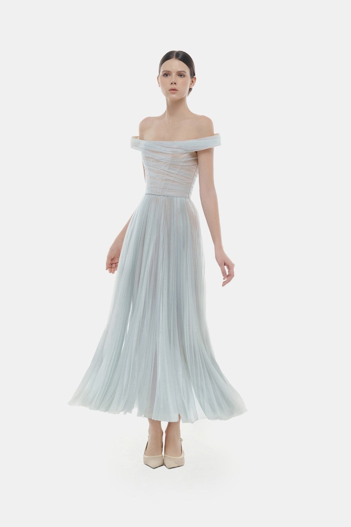 Blue Off-shoulder Midi Dress by Montsand