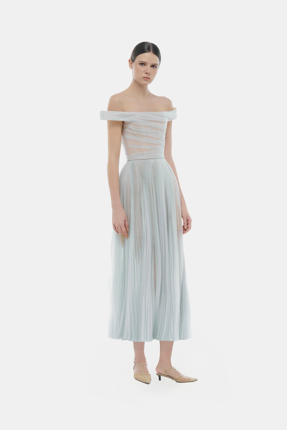 Blue Off-shoulder Midi Dress by Montsand