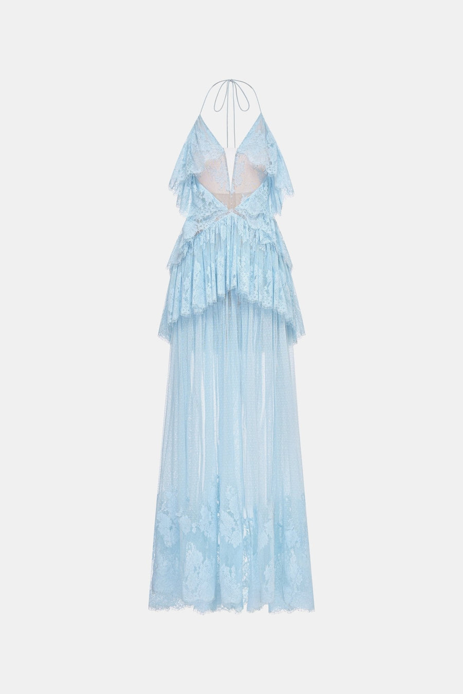 Blue Open-Back Tiered Mesh Dress