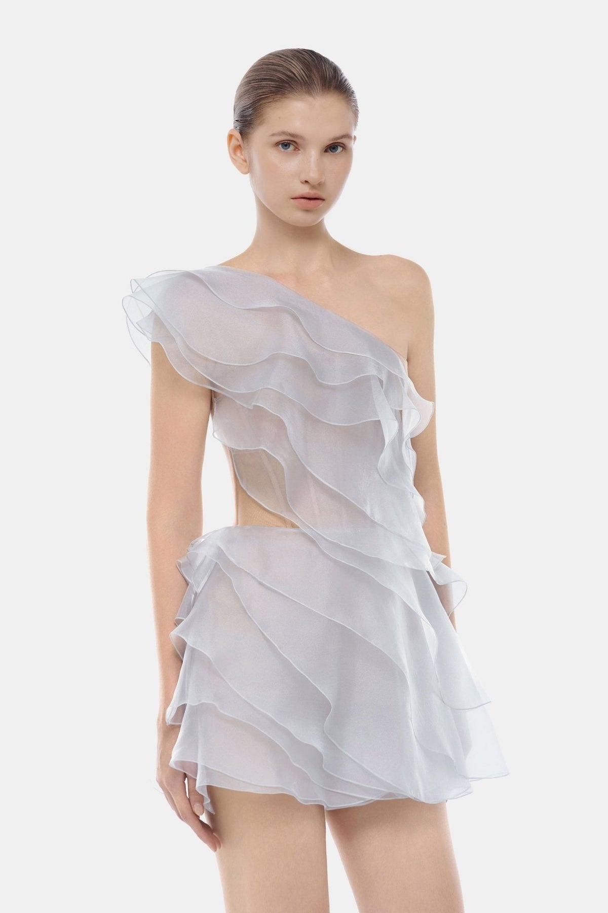 Blue Ruffle One-Shoulder Mini Dress by Montsand