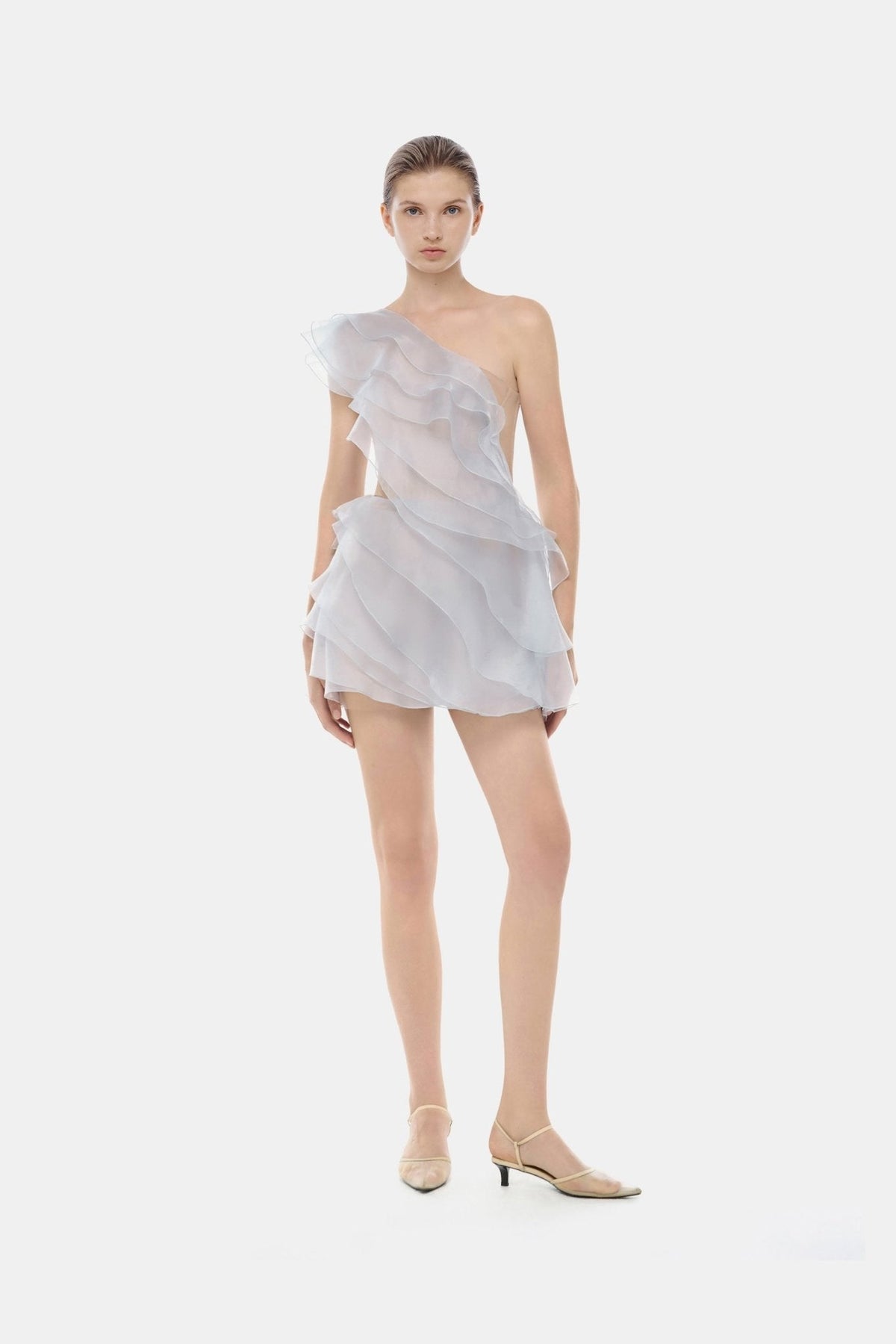Blue Ruffle One-Shoulder Mini Dress by Montsand