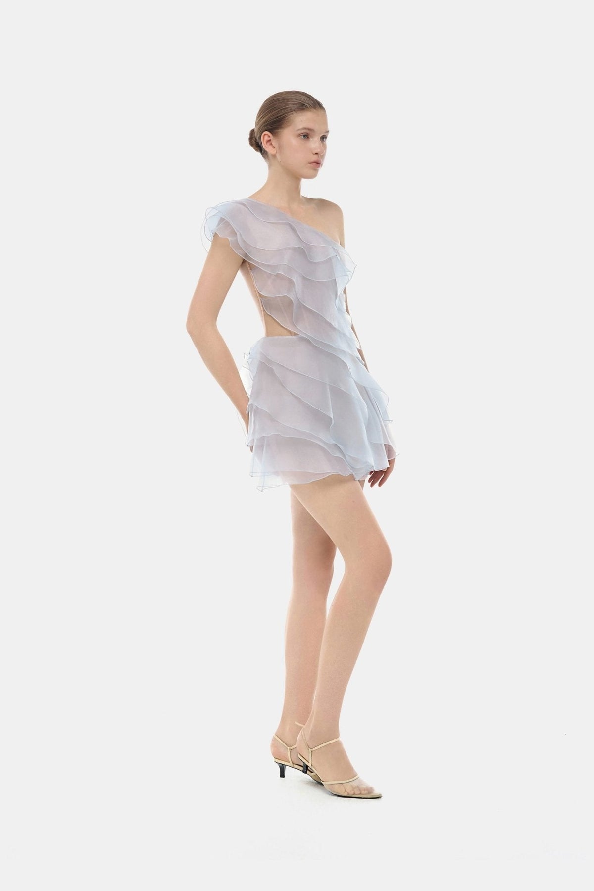 Blue Ruffle One-Shoulder Mini Dress by Montsand