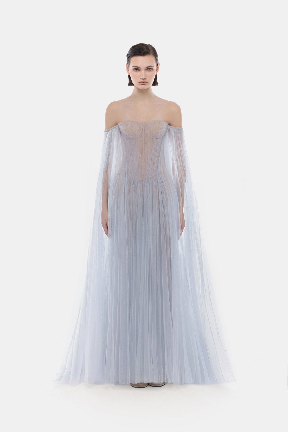 Blue Tulle Off-shoulder Maxi Dress by Montsand