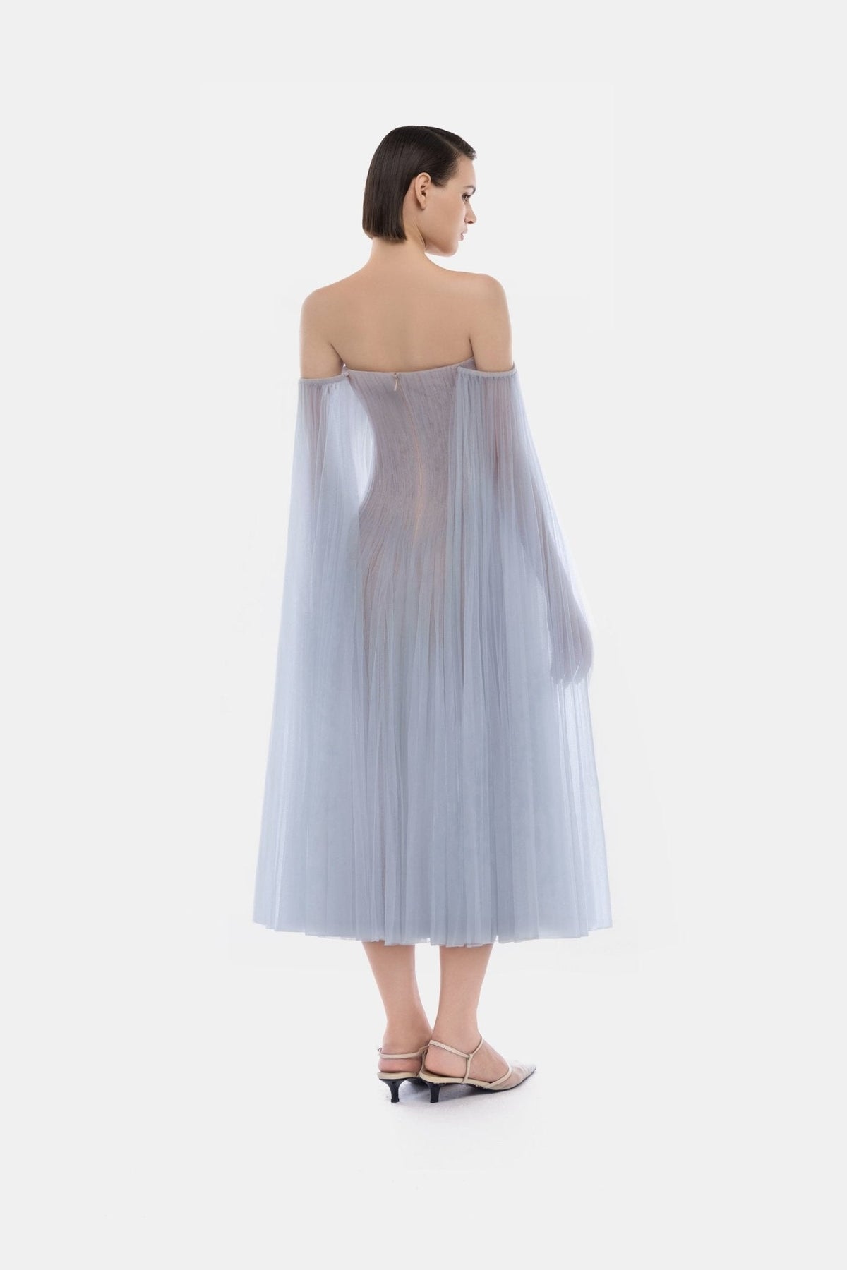 Blue Tulle Off-shoulder Midi Dress by Montsand