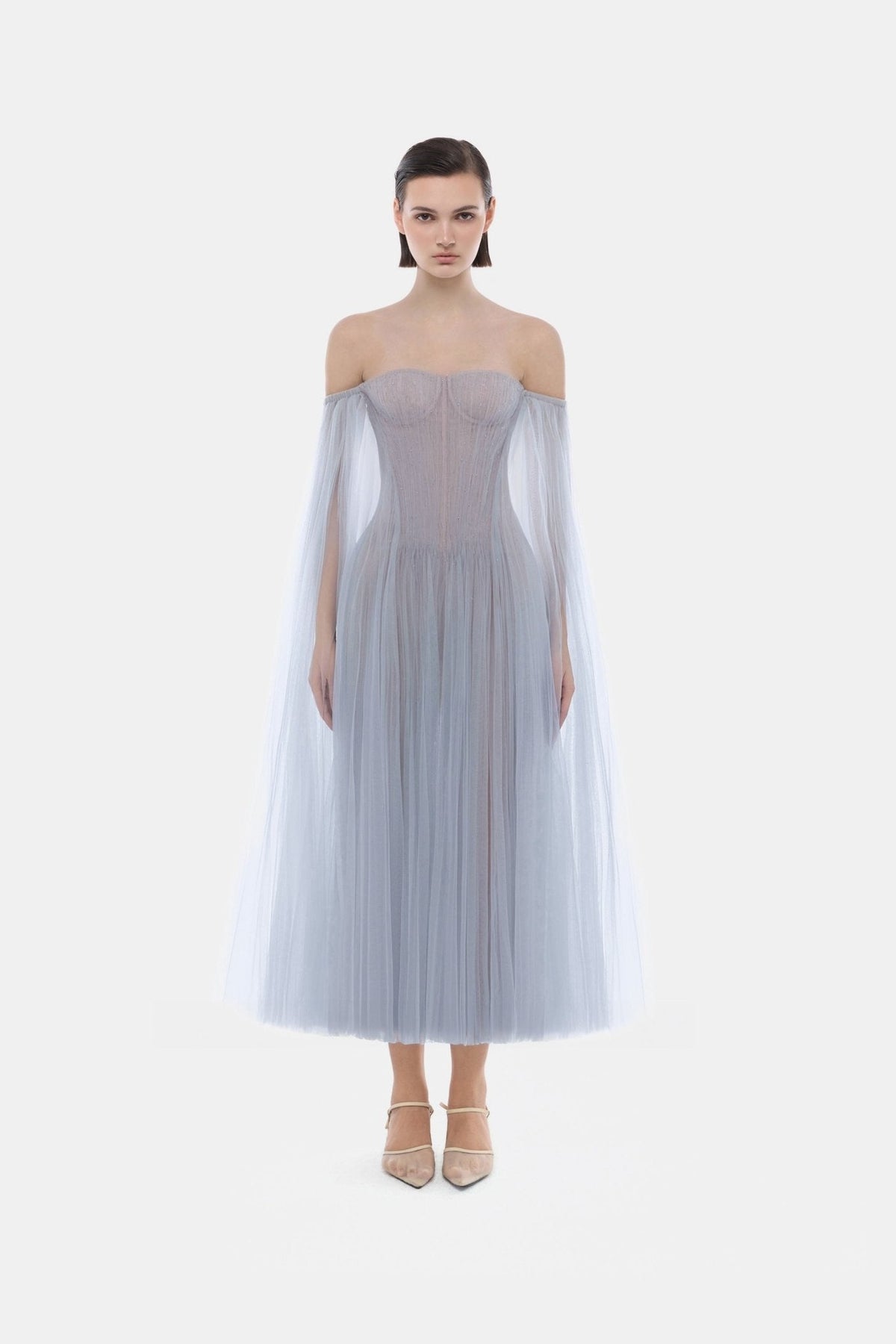 Blue Tulle Off-shoulder Midi Dress by Montsand
