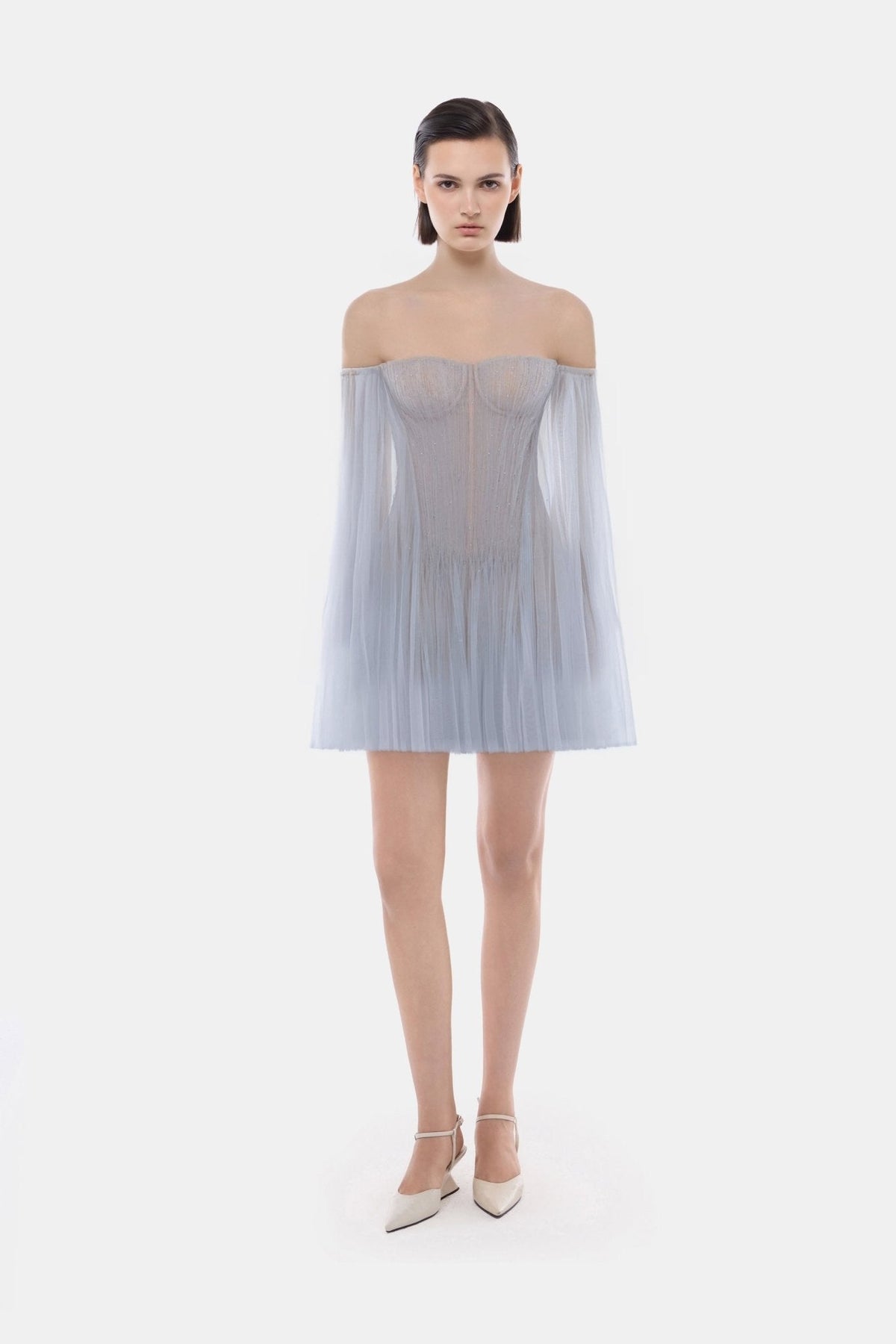 Blue Tulle Off-shoulder Mini Dress by Montsand