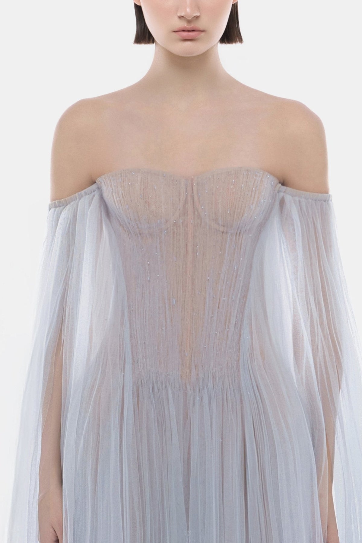 Blue Tulle Off-shoulder Mini Dress by Montsand