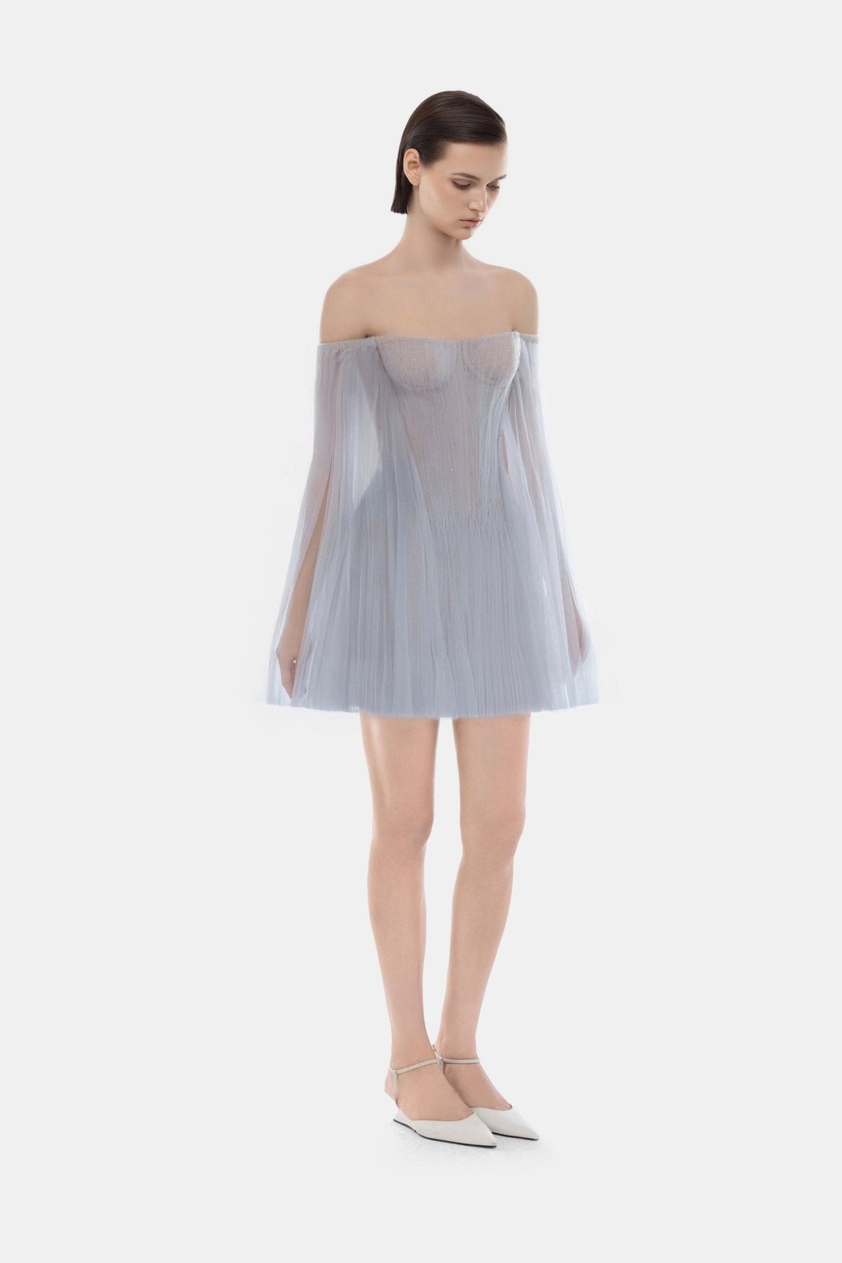 Blue Tulle Off-shoulder Mini Dress by Montsand