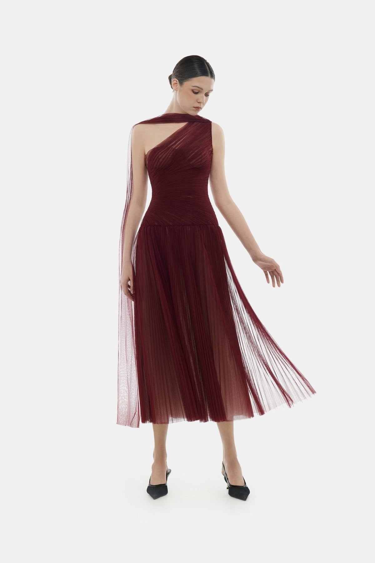 Bordeaux Draped Midi Dress by Montsand
