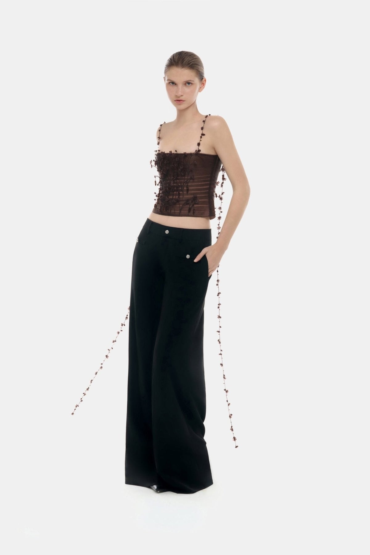 Brown 3D Floral Strap Top by Montsand