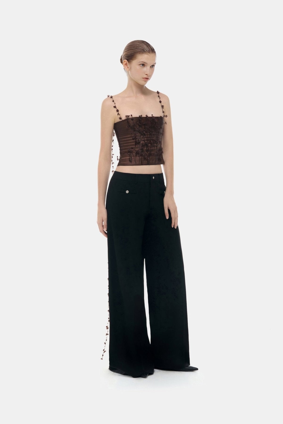 Brown 3D Floral Strap Top by Montsand