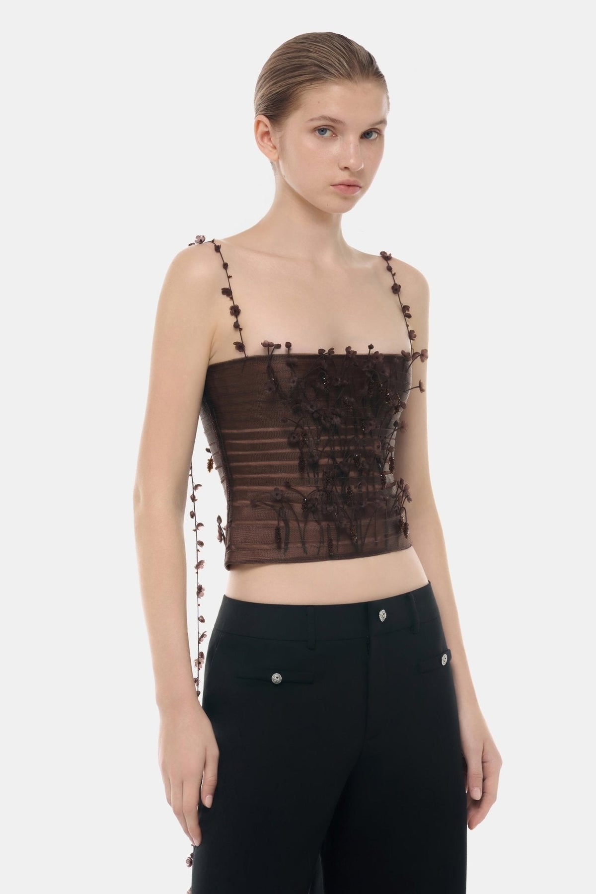 Brown 3D Floral Strap Top by Montsand