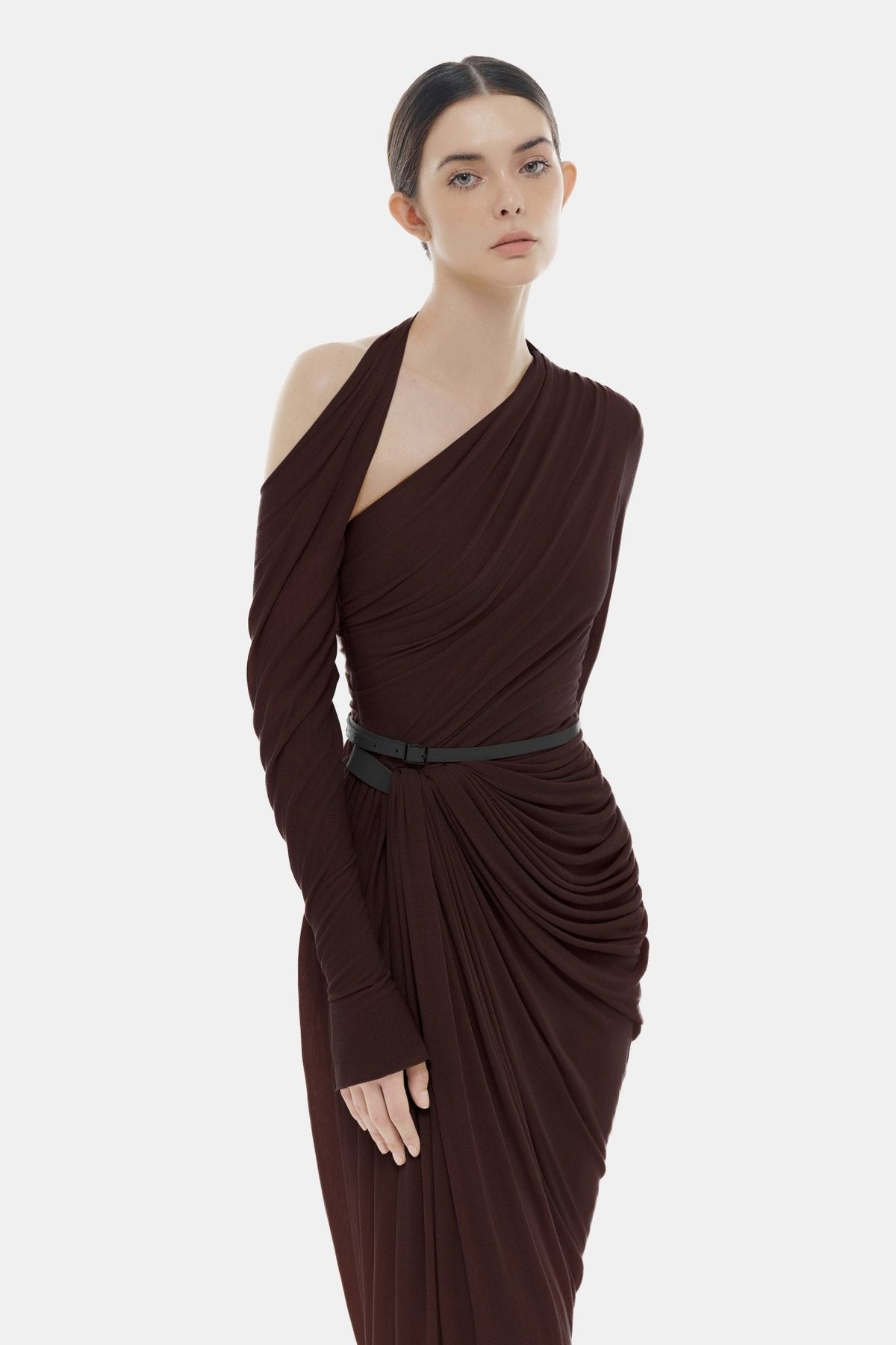 Brown Draped Asymmetric Maxi Dress by Montsand
