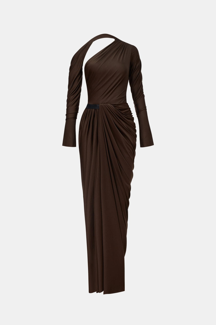 Brown Draped Asymmetric Maxi Dress