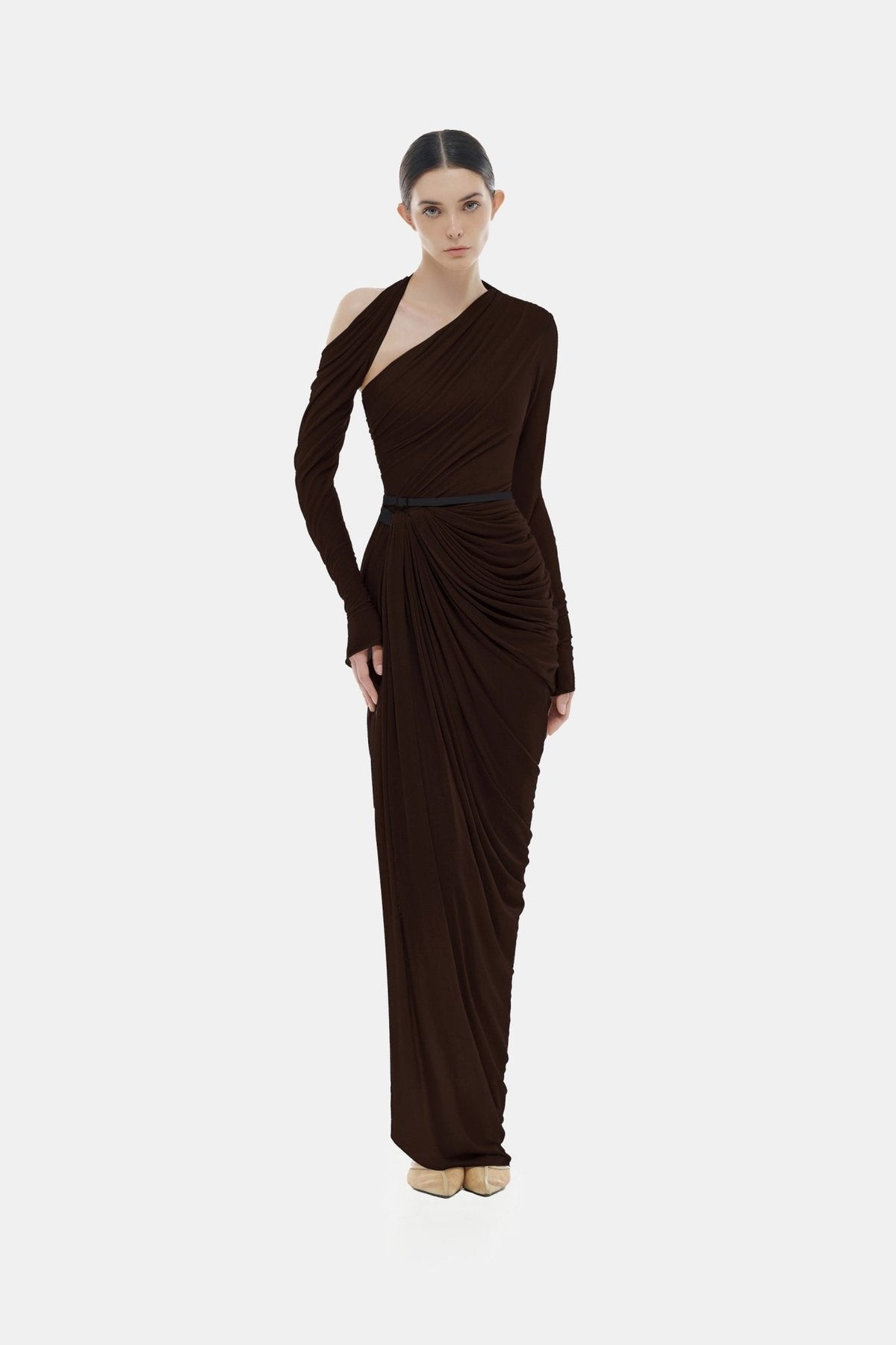 Brown Draped Asymmetric Maxi Dress by Montsand
