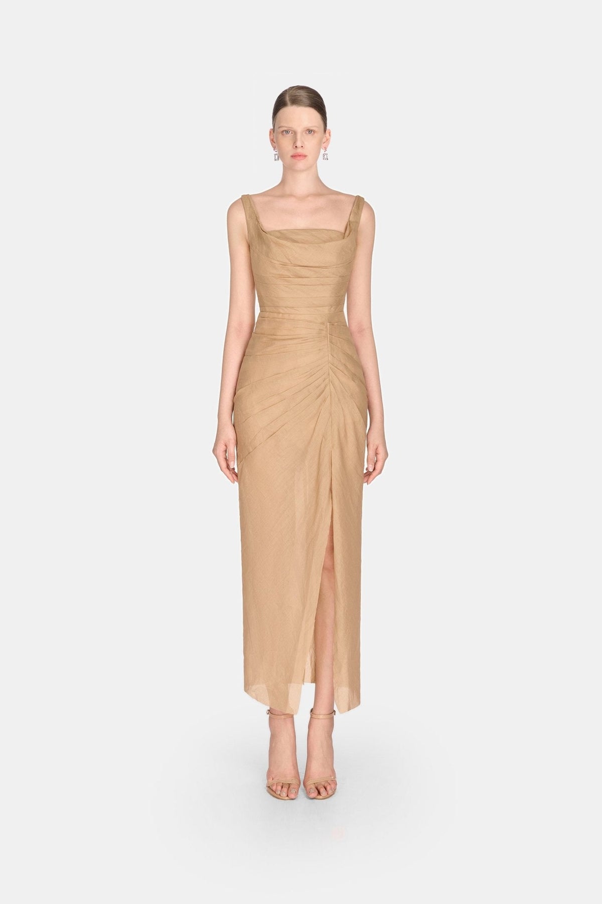 Brown Organza Linen Draped Dress by Montsand