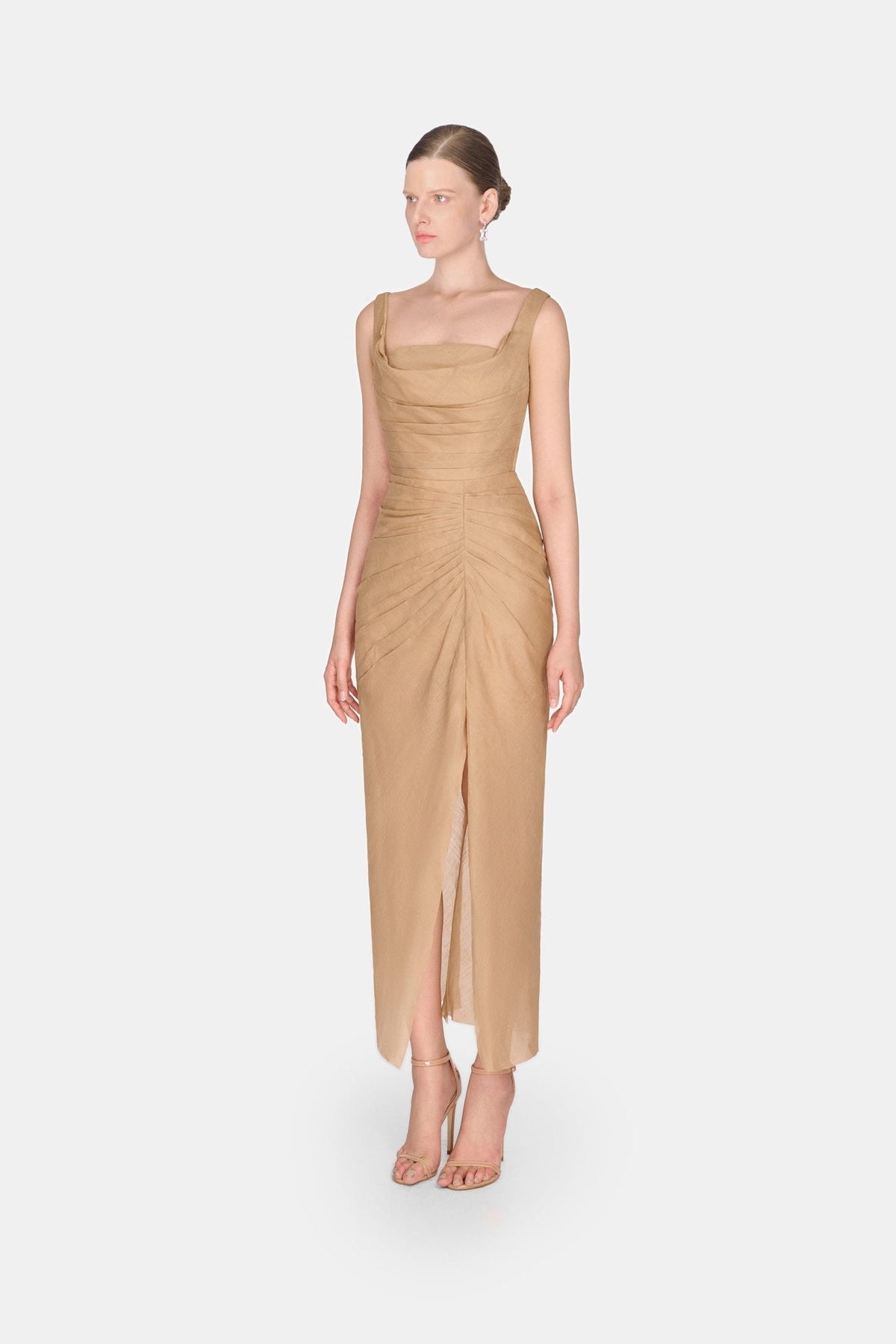 Brown Organza Linen Draped Dress by Montsand
