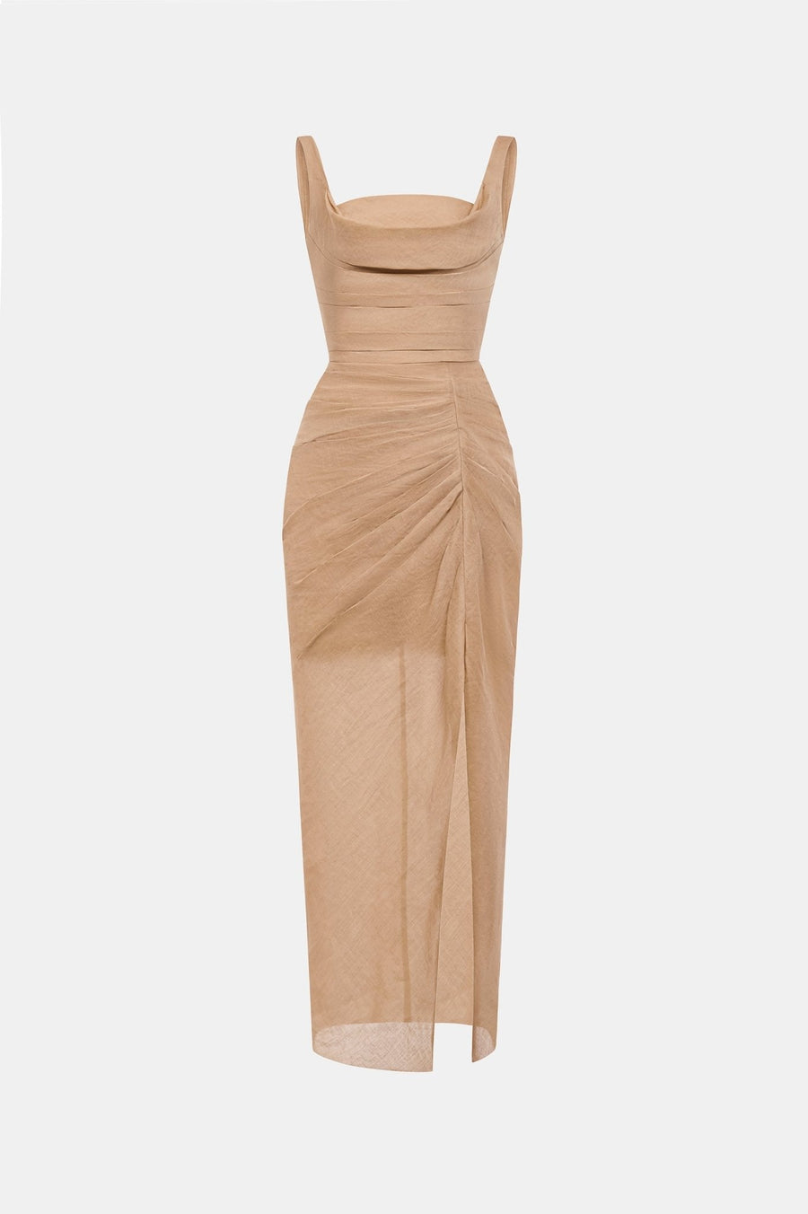 Brown Organza Linen Draped Dress