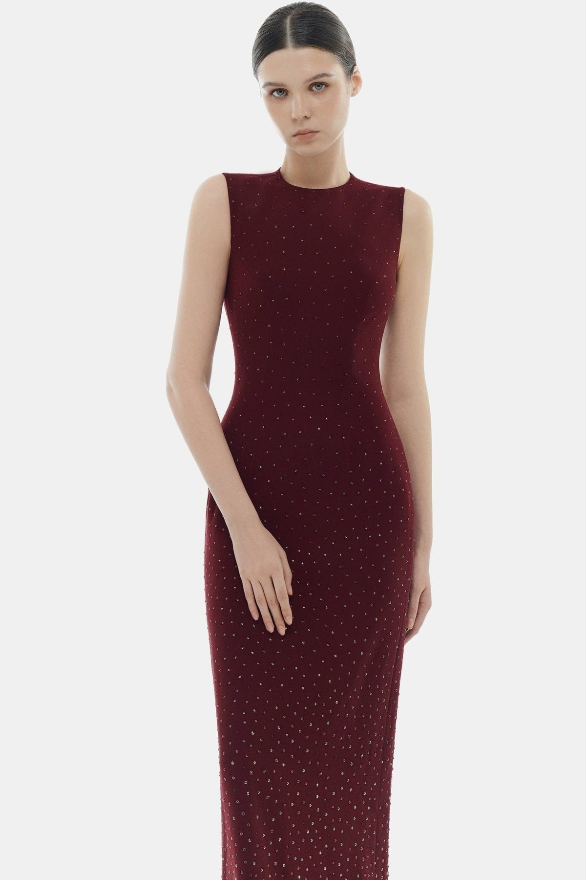 Burgundy Crystal Beaded Maxi Dress by Montsand