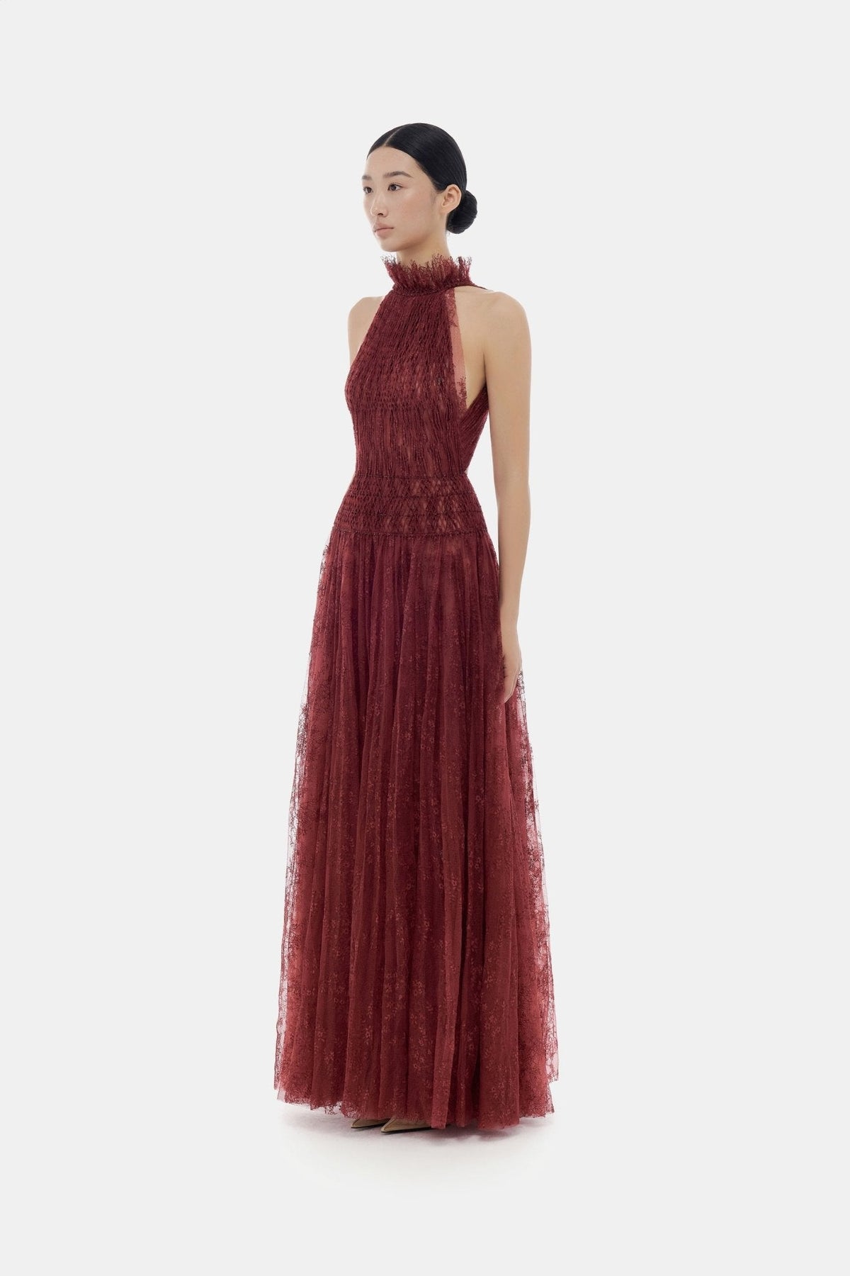Burgundy Smocked Lace Maxi Dress by Montsand