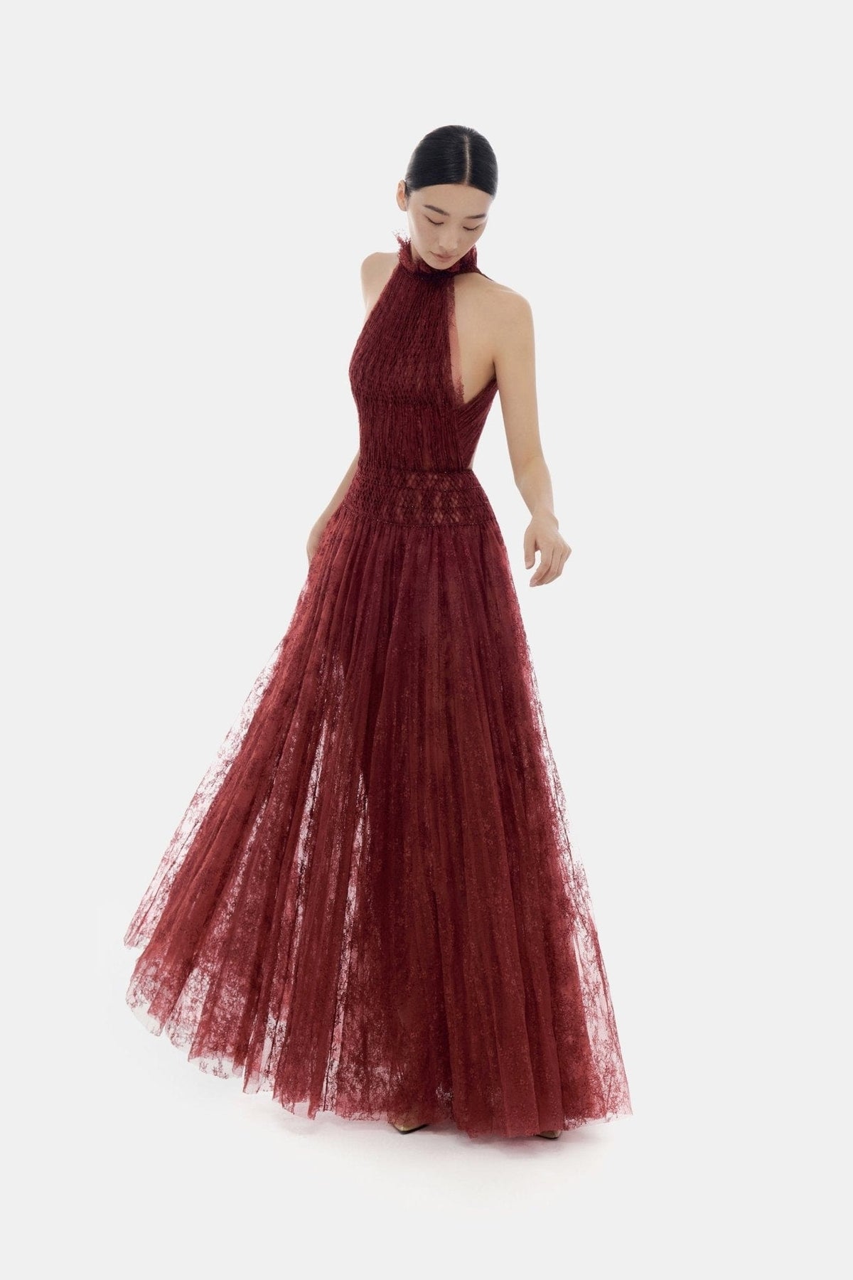 Burgundy Smocked Lace Maxi Dress by Montsand