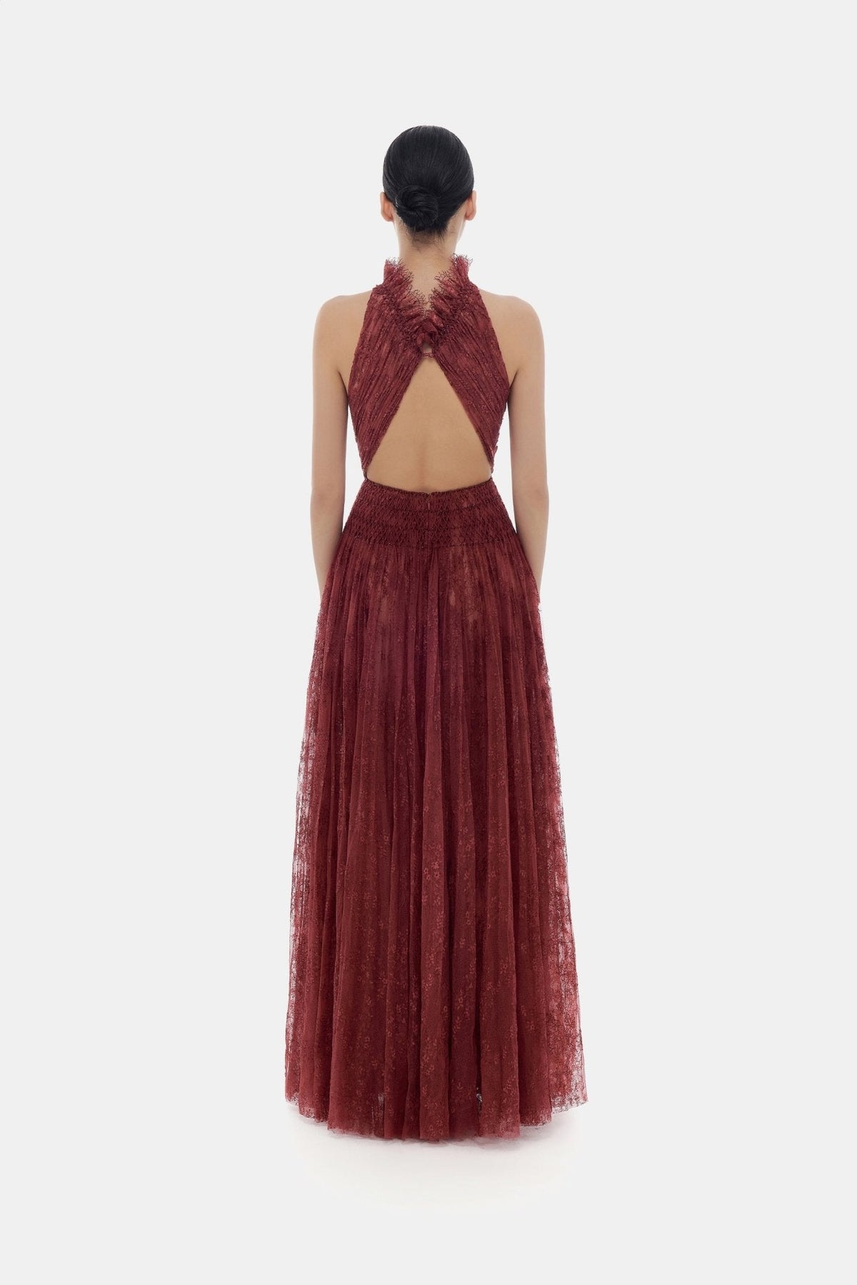 Burgundy Smocked Lace Maxi Dress by Montsand
