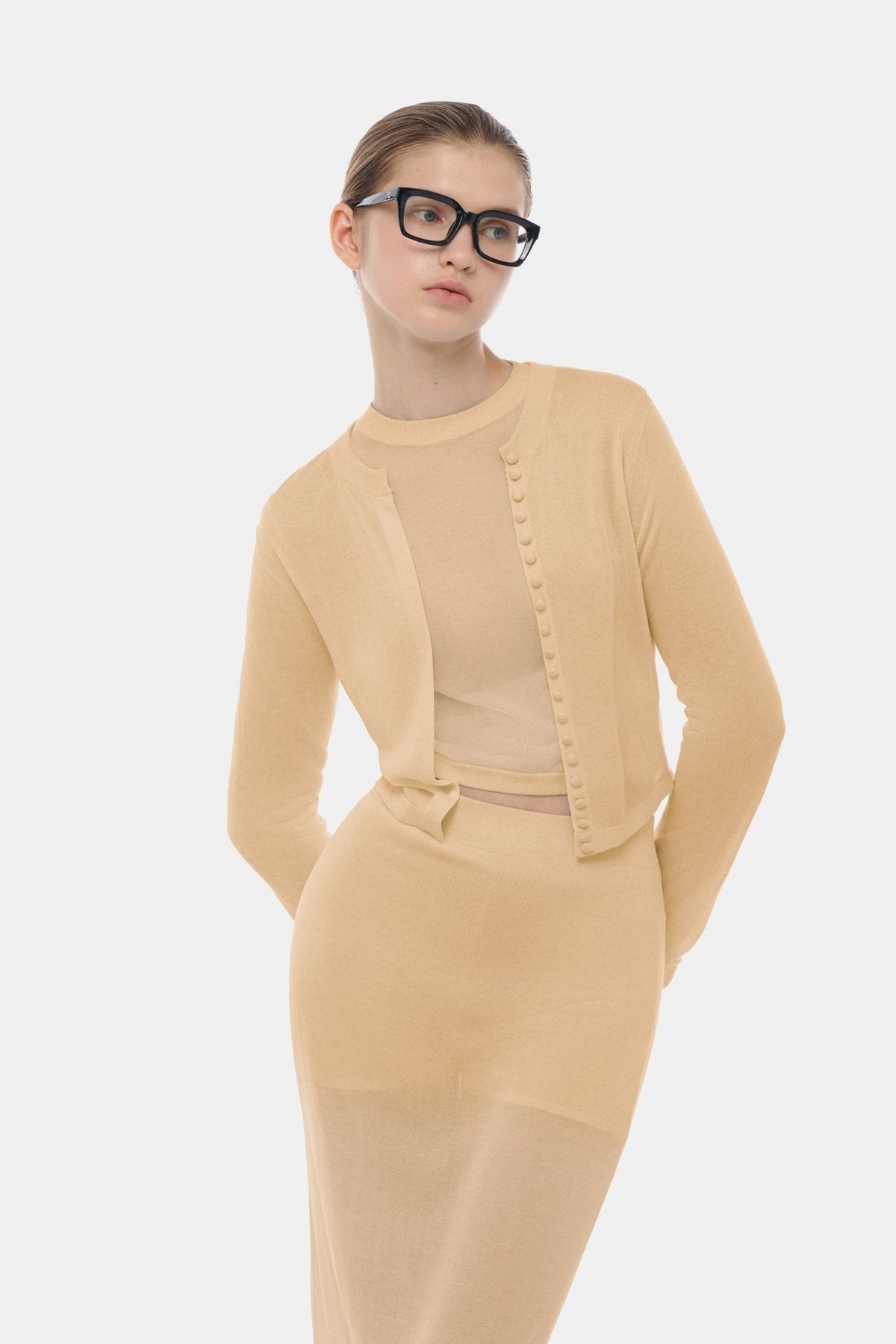 Camel Button-Up Crop Cardigan by Montsand