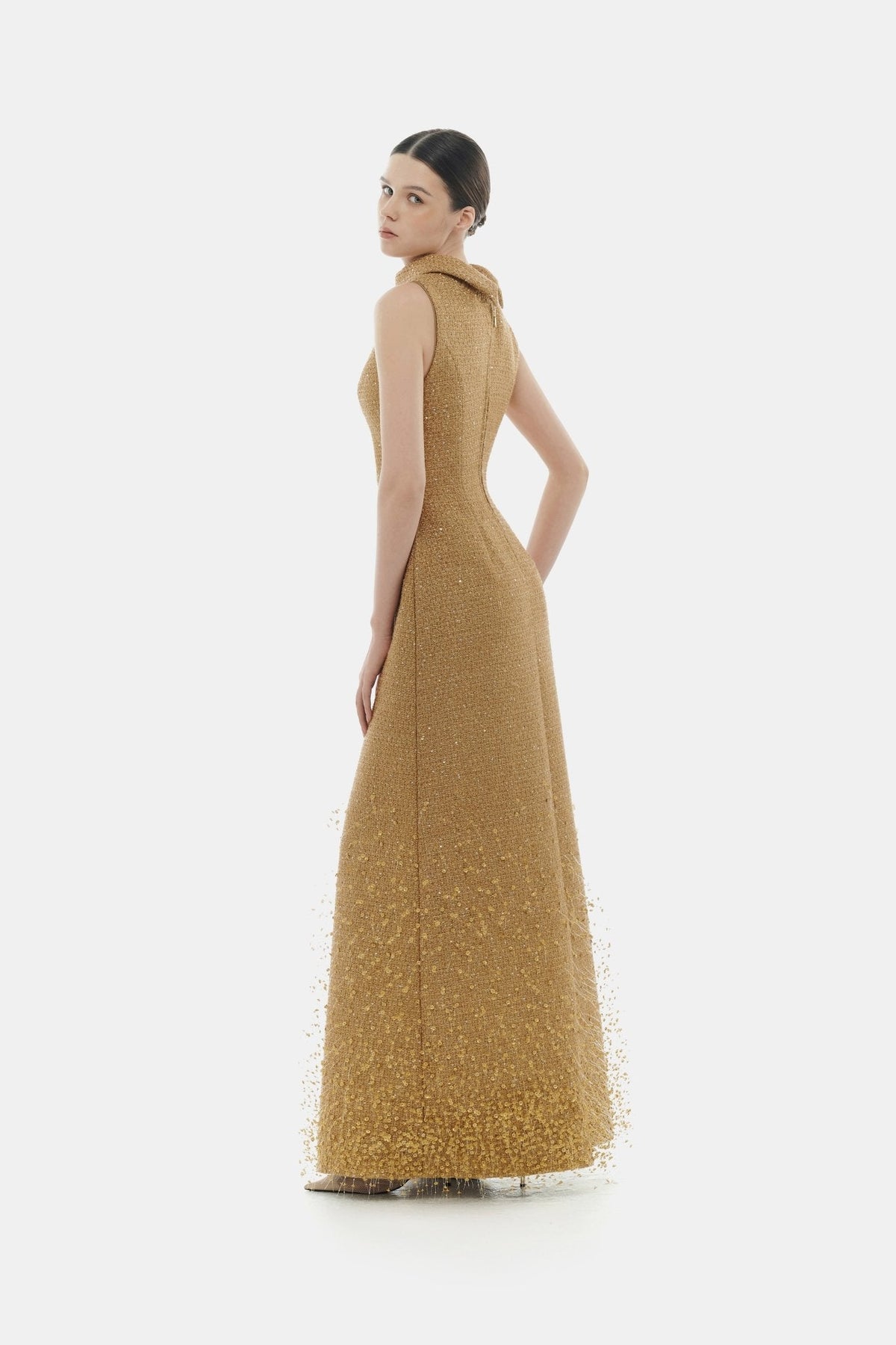 Camel Crystal Beaded Tweed Dress by Montsand