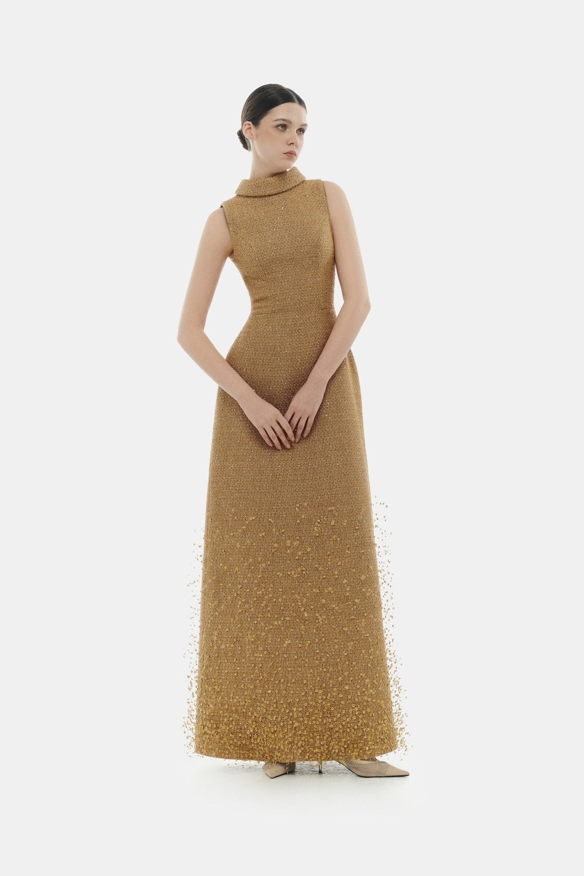 Camel Crystal Beaded Tweed Dress by Montsand