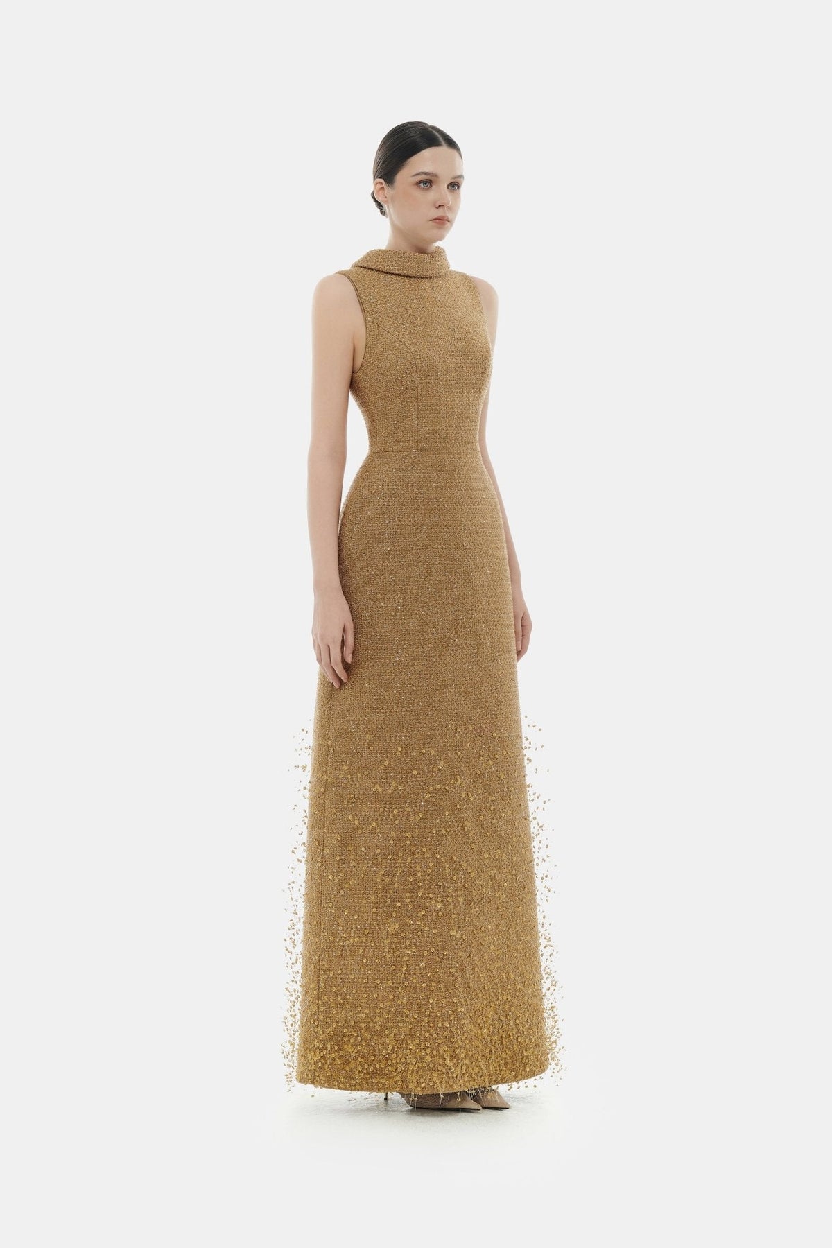 Camel Crystal Beaded Tweed Dress by Montsand