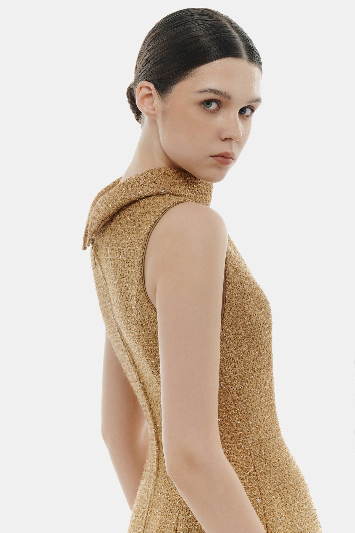 Camel Crystal Beaded Tweed Dress by Montsand