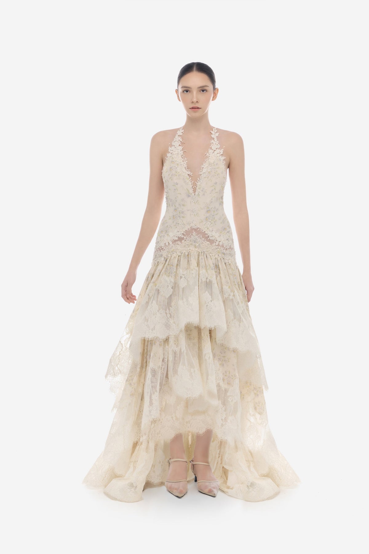 Ivory Open-Back Lace Tiered Dress by Montsand